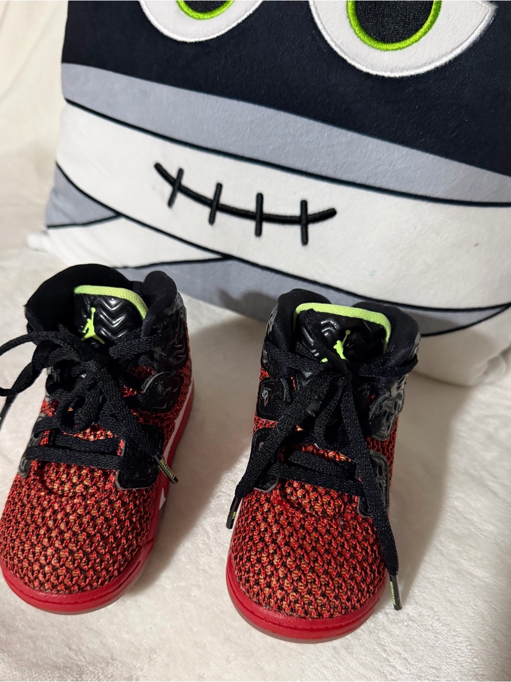 Jordan Kids Red and Black Knit High-Top Sneakers with Neon Green Accent